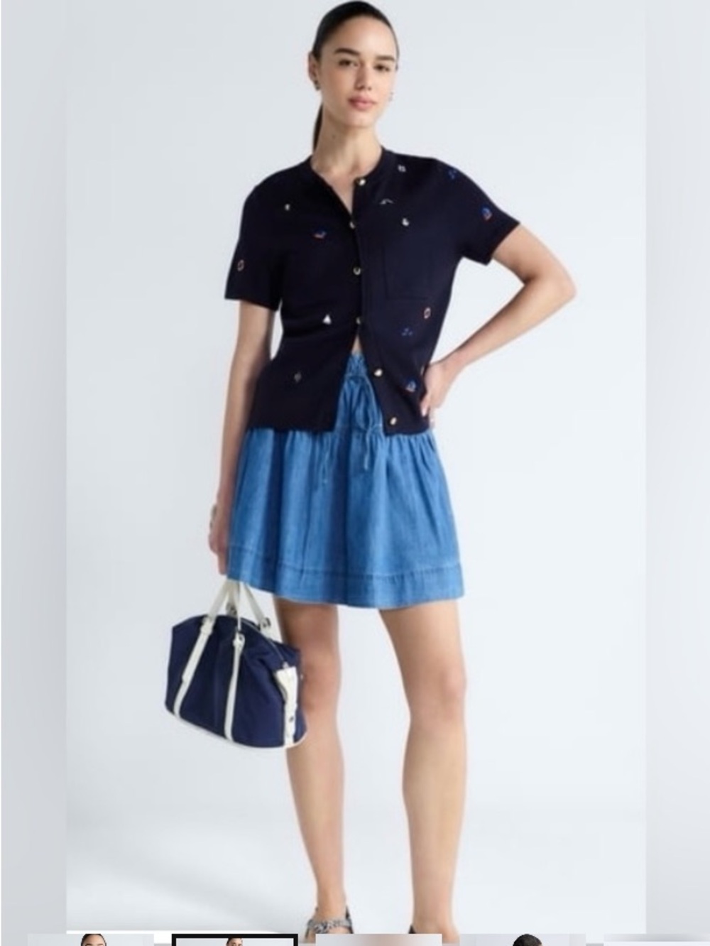 Navy Embroidered Short-Sleeve Cardigan Sweater